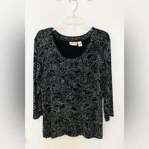 CHICO'S TRAVELERS TOP BLOUSE CHICO'S SIZE 2 (LARGE) BLACK WHITE 3/4 SLEEVE